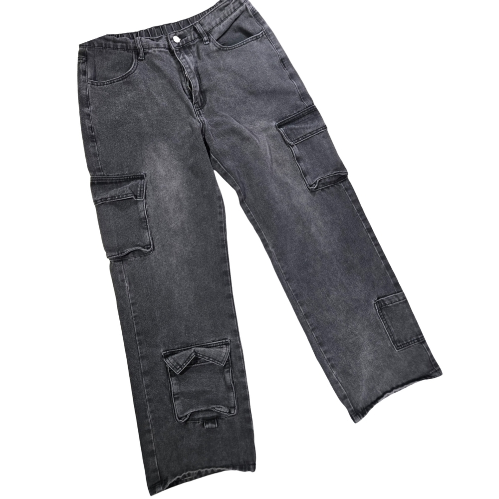 Women's Charcoal Cargo Disttrdded Jeans Size L